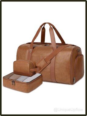 Faux Leather Weekender Bag 3 Piece Travel Duffel Shoe Compartment Toiletry Brown